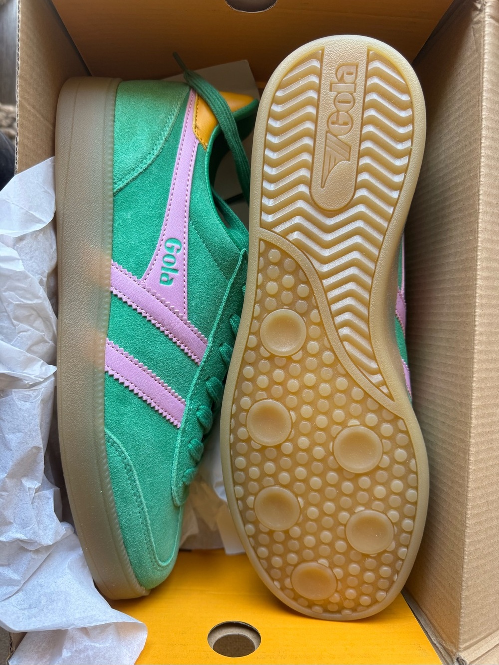 Gola Green Suede Sneakers with Pink Stripes and Yellow Heel - Picture 2 of 3